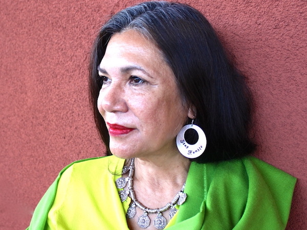 Image of Ana Castillo, a Chicana woman with long dark but slightly greying hair, in three quarter view. She is wearing large hoop earings and wearing a multi-colored green blouse and silver necklace.