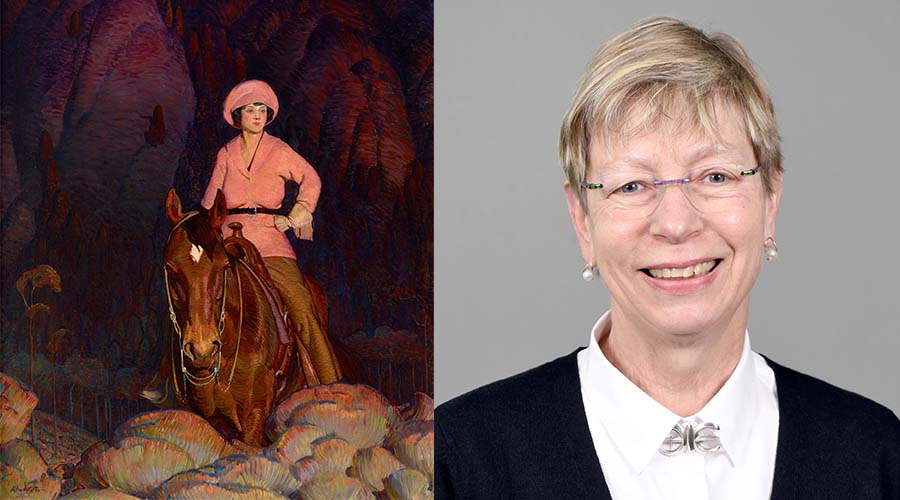 Composite image of a painting featuring a woman on horseback wearing a pink outfit and image of Betsy Fahlman, a light-skinned woman with short sandy hair wearing a white shirt with silver neck piece.