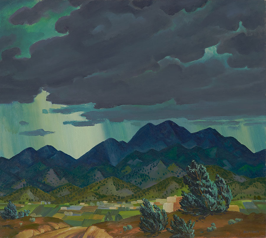 Landscape painting of a storm passing through a lush, green valley with shadowy mountains in the background.