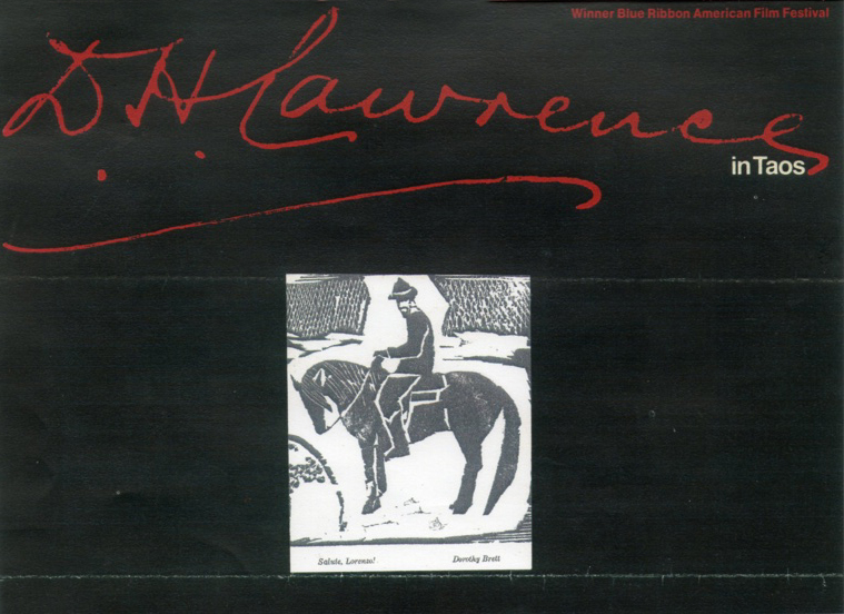 Wood block image of man on horse in center of black field. D.H. Lawrence's signature is above in red.