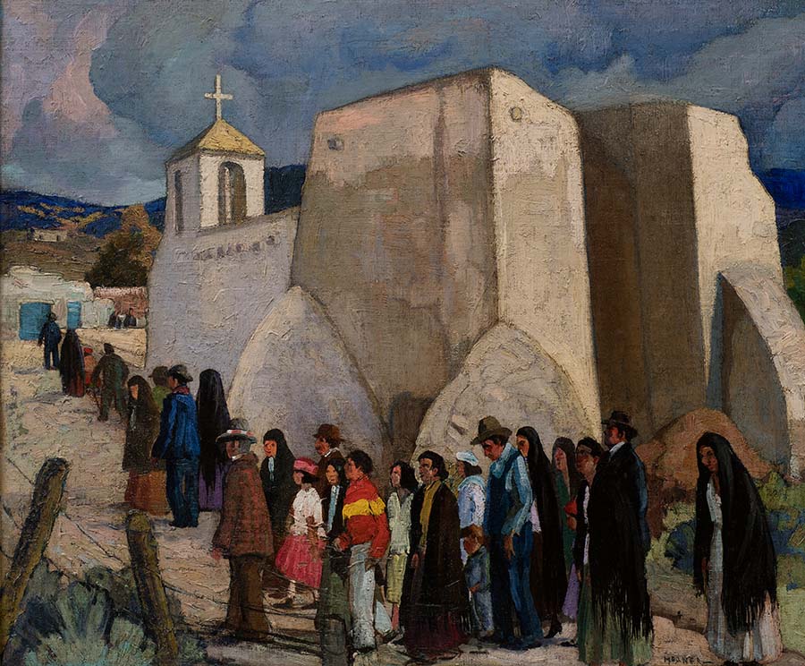 Painting of the famous exterior of Ranchos de Taos adobe church with parishioners wearing brightly colored clothing lined up outside.