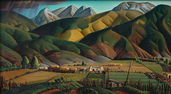 painting of mountains and a valley