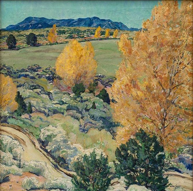 Framed image of the square format painting that shows a road in the foreground, a field with various shrubs and golden leafed trees, and mountains in the distance.