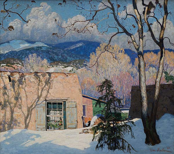 painting of an adobe house in the snow