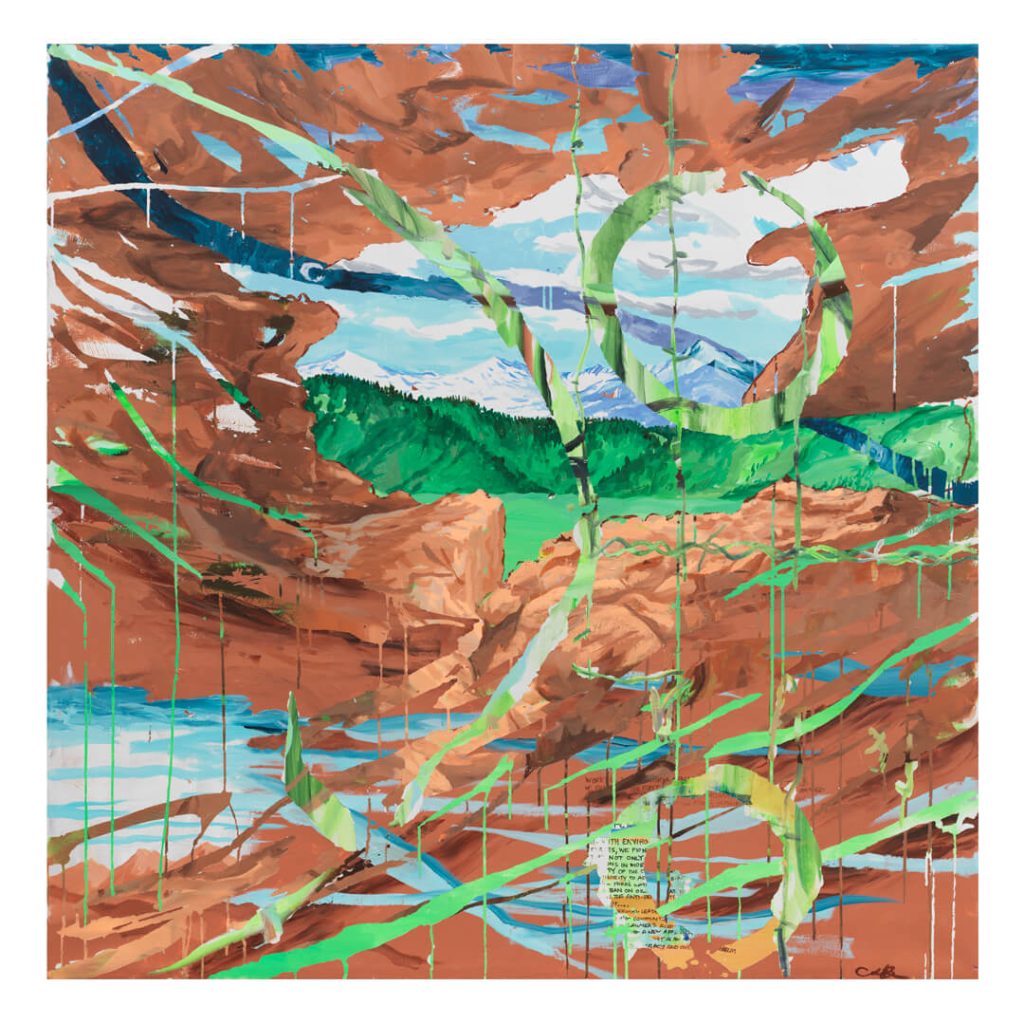 Esteban Cabeza de Baca, How Mora, New Mexico Banned Fracking, 2022, acrylic on canvas, 60 x 60 inches. Courtesy of the artist and Garth Greenan Gallery.