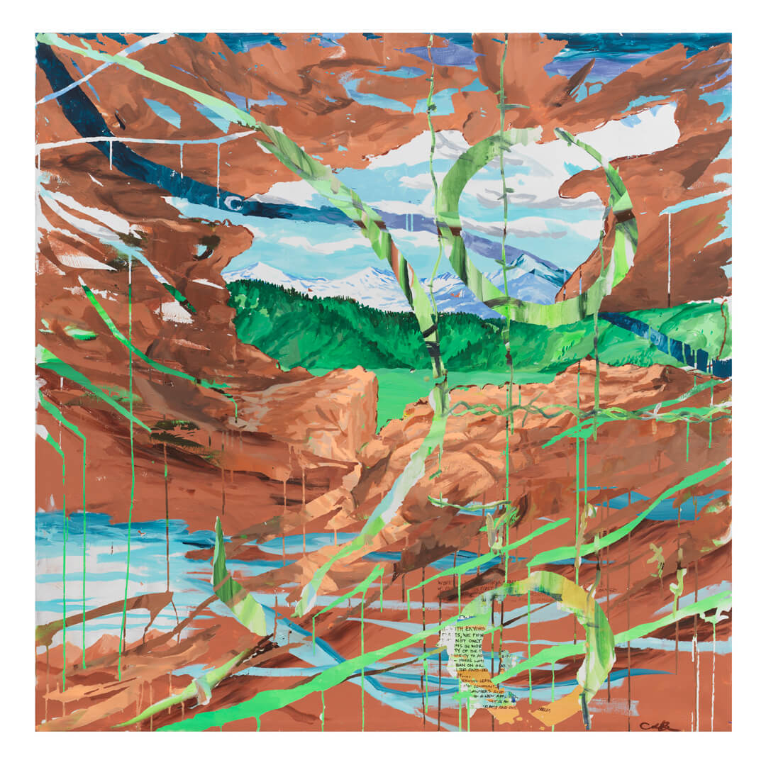 Esteban Cabeza de Baca, How Mora, New Mexico Banned Fracking, 2022, acrylic on canvas, 60 x 60 inches. Courtesy of the artist and Garth Greenan Gallery.
