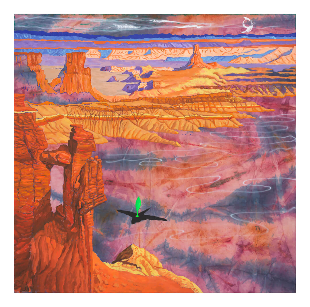 Esteban Cabeza de Baca, Southern Passage, 2025, acrylic on cochineal and indigo-dyed canvas, 60 x 60 inches.