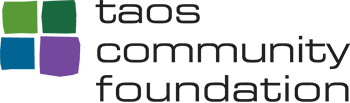 Logo for Taos Community Foundation with complete name in black sans-serif lower case letters with four squares in light green, dark green, blue, and purple. 